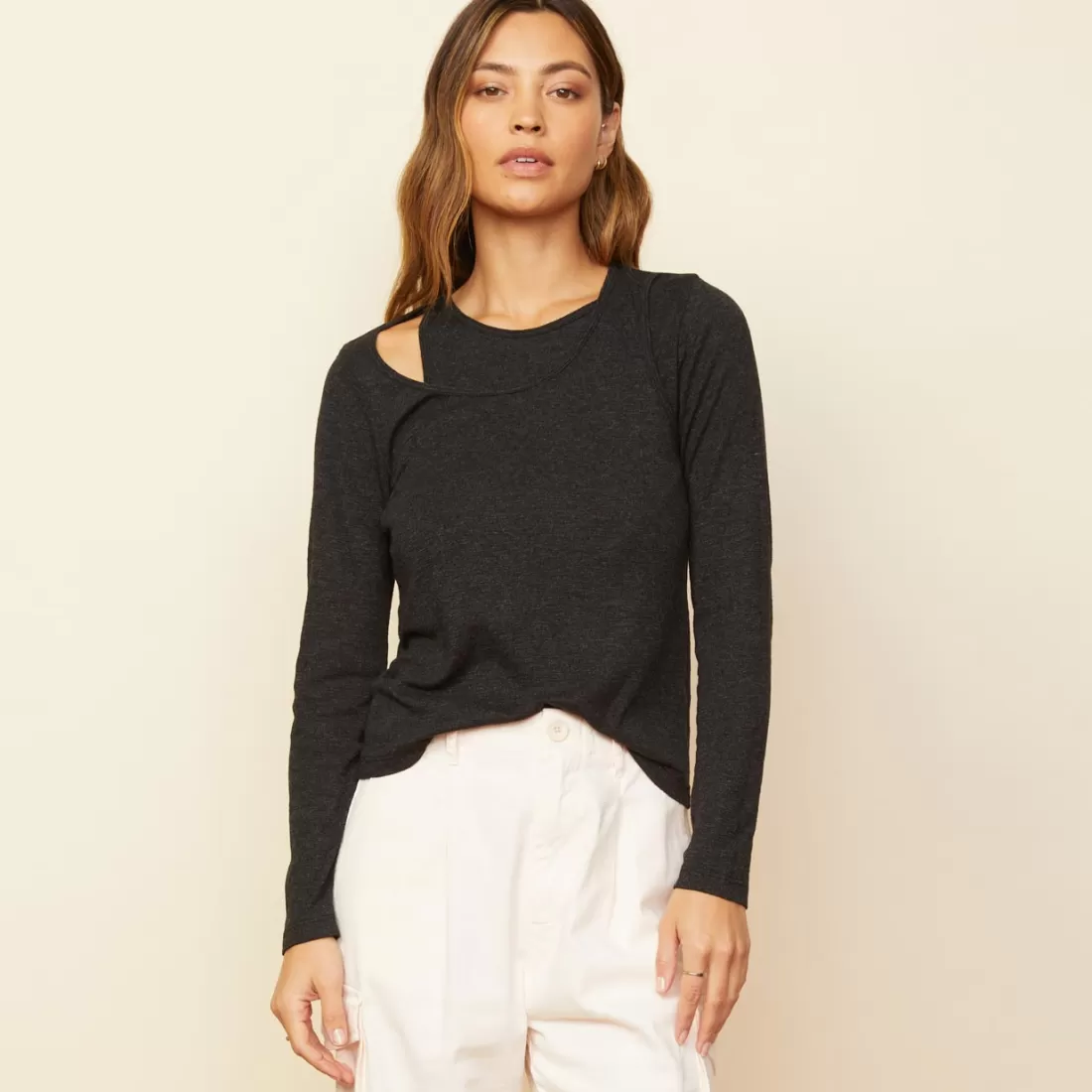 MONROW Long Sleeve*Asymmetric Long Sleeve Top BLACK