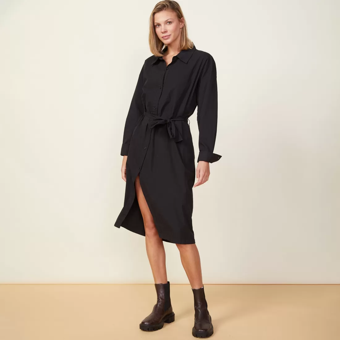 MONROW Poplin | Dresses*Asymmetrical Poplin Tie Shirt Dress BLACK