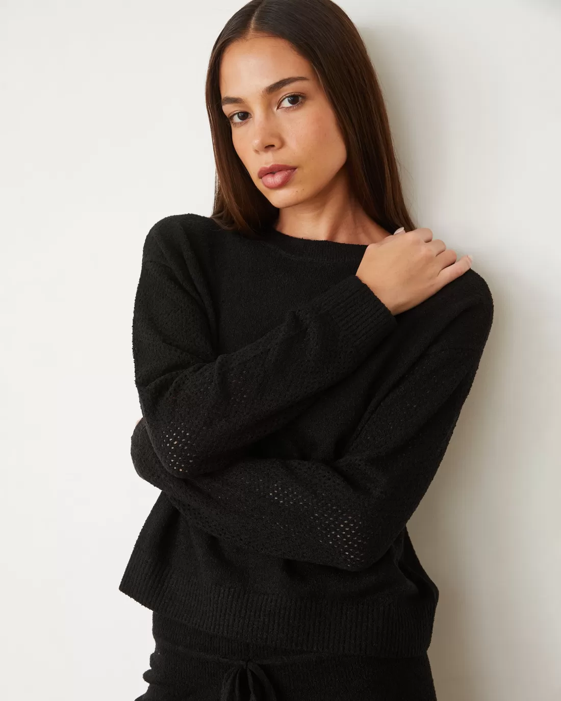 MONROW Sets | Long Sleeve*Boucle Knit Mesh Mixed Sweater BLACK