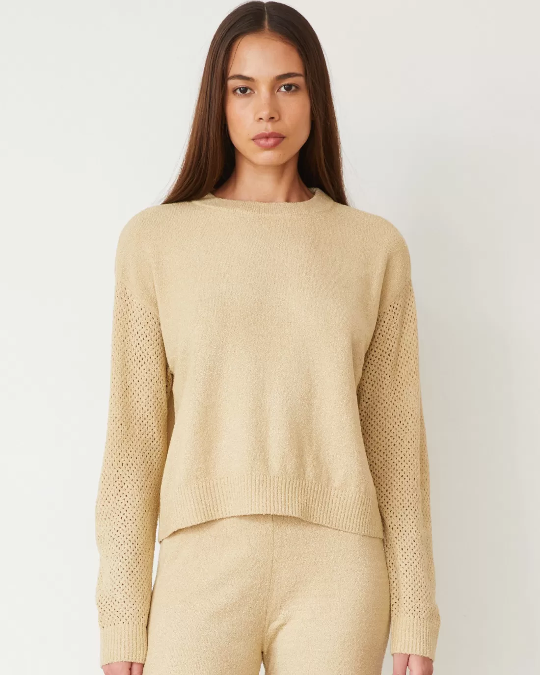 MONROW Sets | Long Sleeve*Boucle Knit Mesh Mixed Sweater SAND