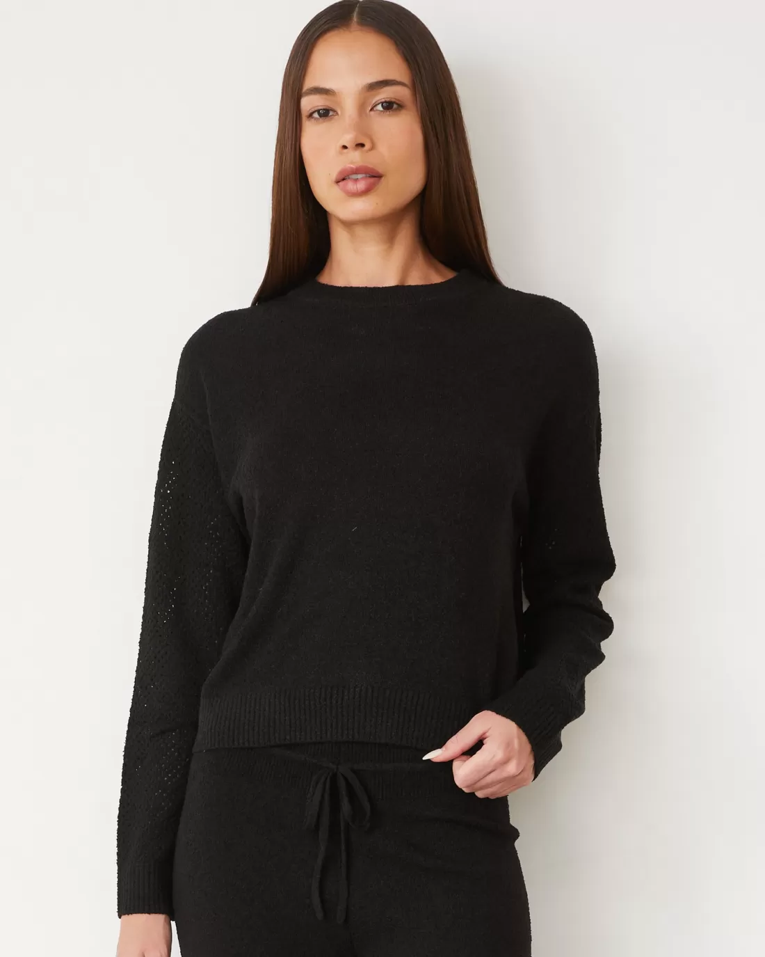 MONROW Sets | Long Sleeve*Boucle Knit Mesh Mixed Sweater BLACK