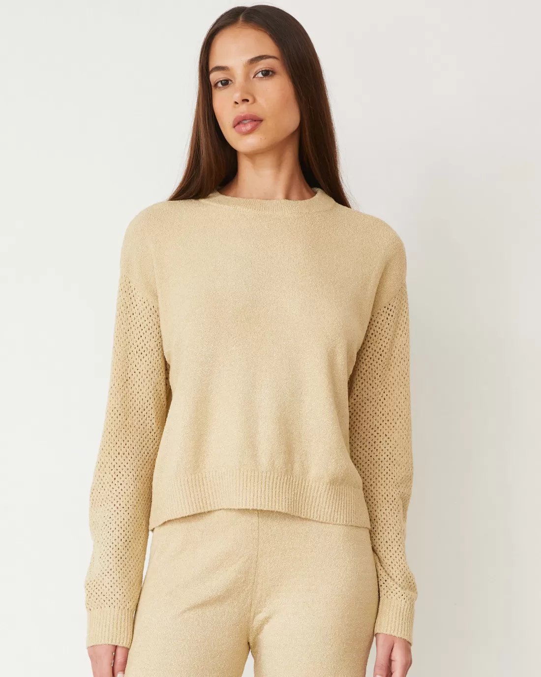 MONROW Sets | Long Sleeve*Boucle Knit Mesh Mixed Sweater SAND