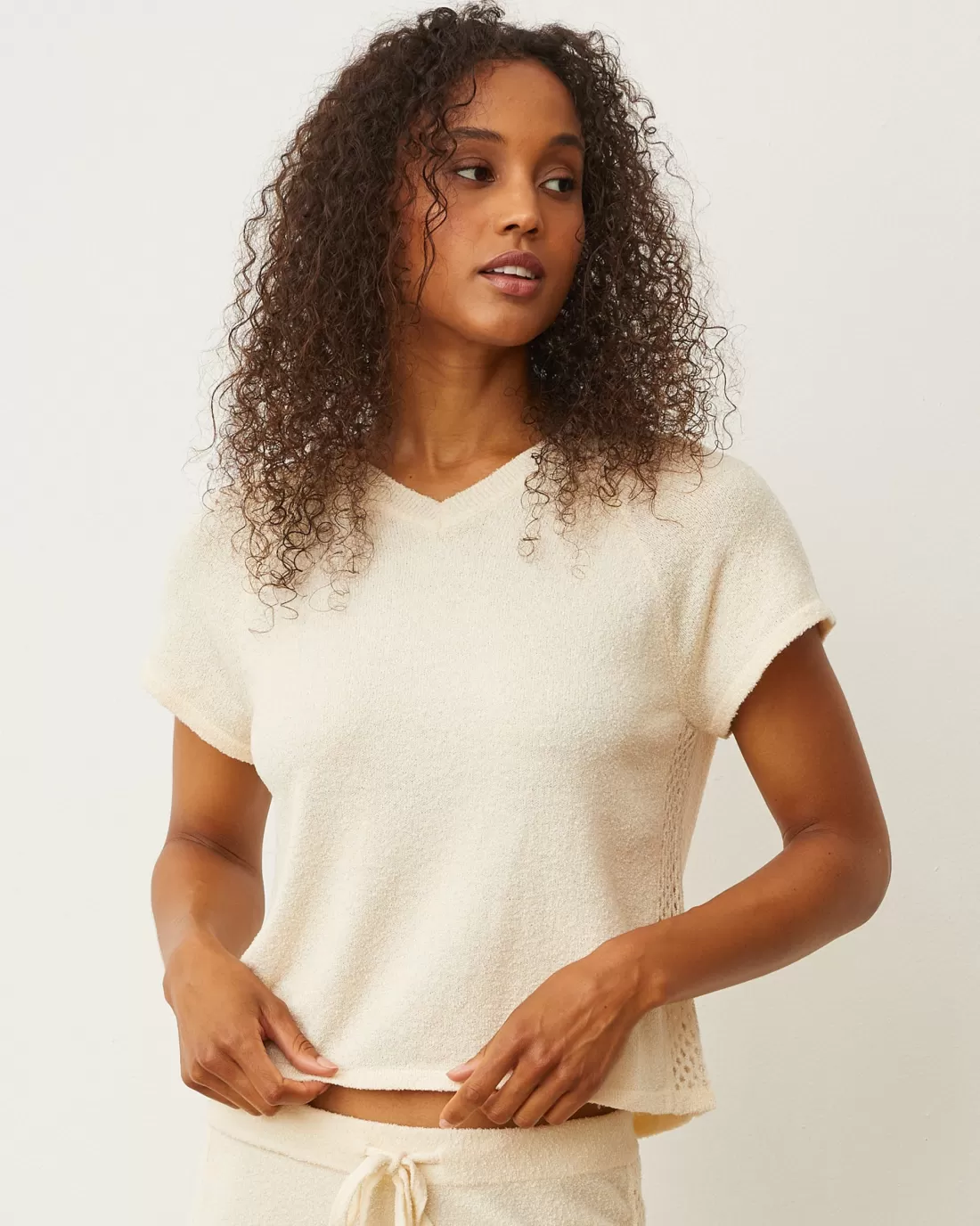 MONROW Tees*Boucle Knit V-neck CREAM