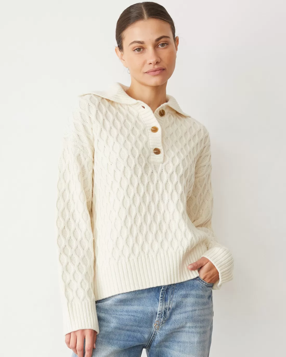 MONROW Sweaters*Cable Knit Polo Sweater IVORY