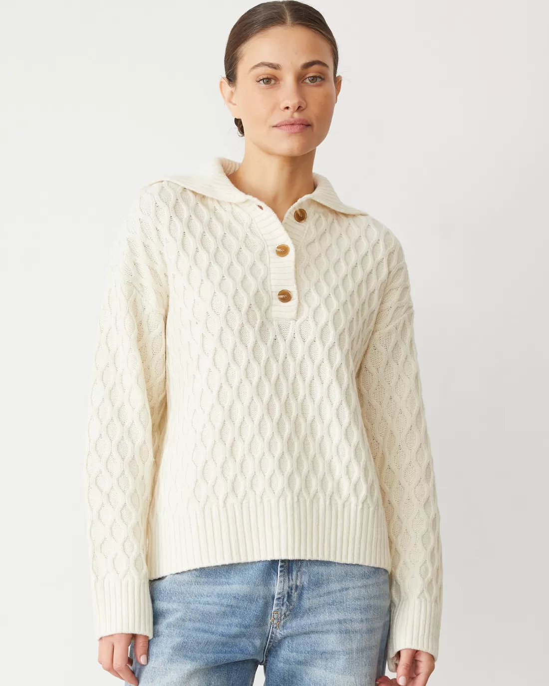 MONROW Sweaters*Cable Knit Polo Sweater IVORY