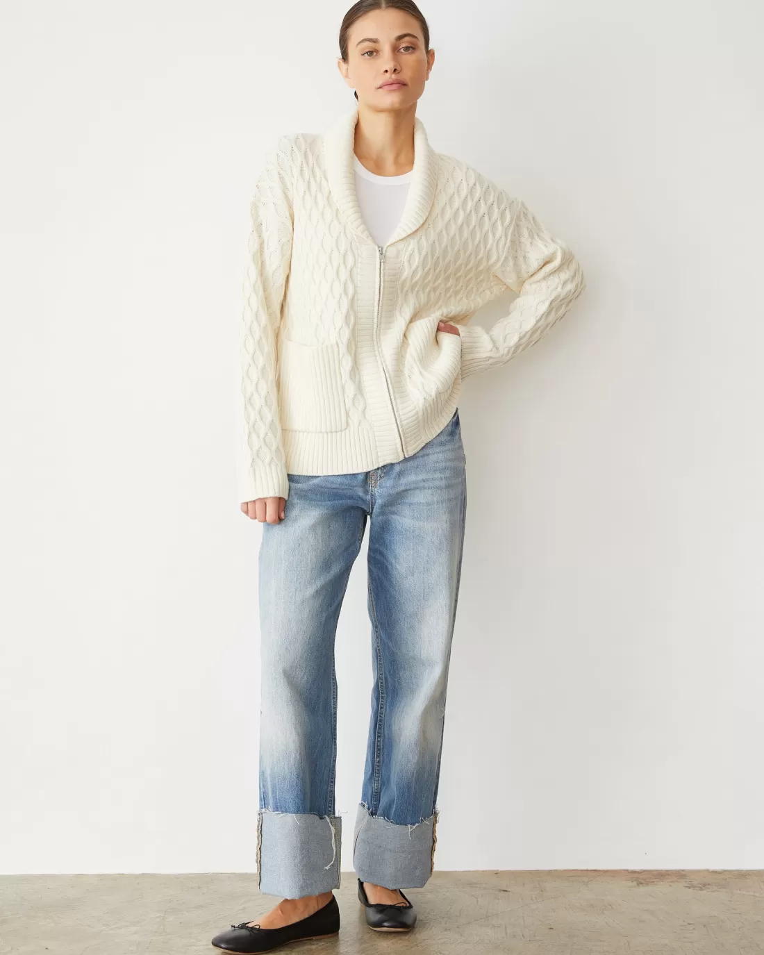 MONROW Sweaters*Cable Knit Zip Cardigan IVORY