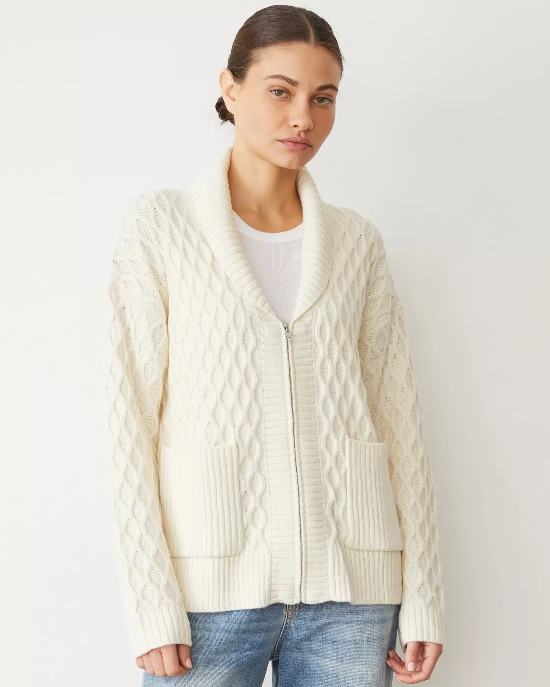 MONROW Sweaters*Cable Knit Zip Cardigan IVORY