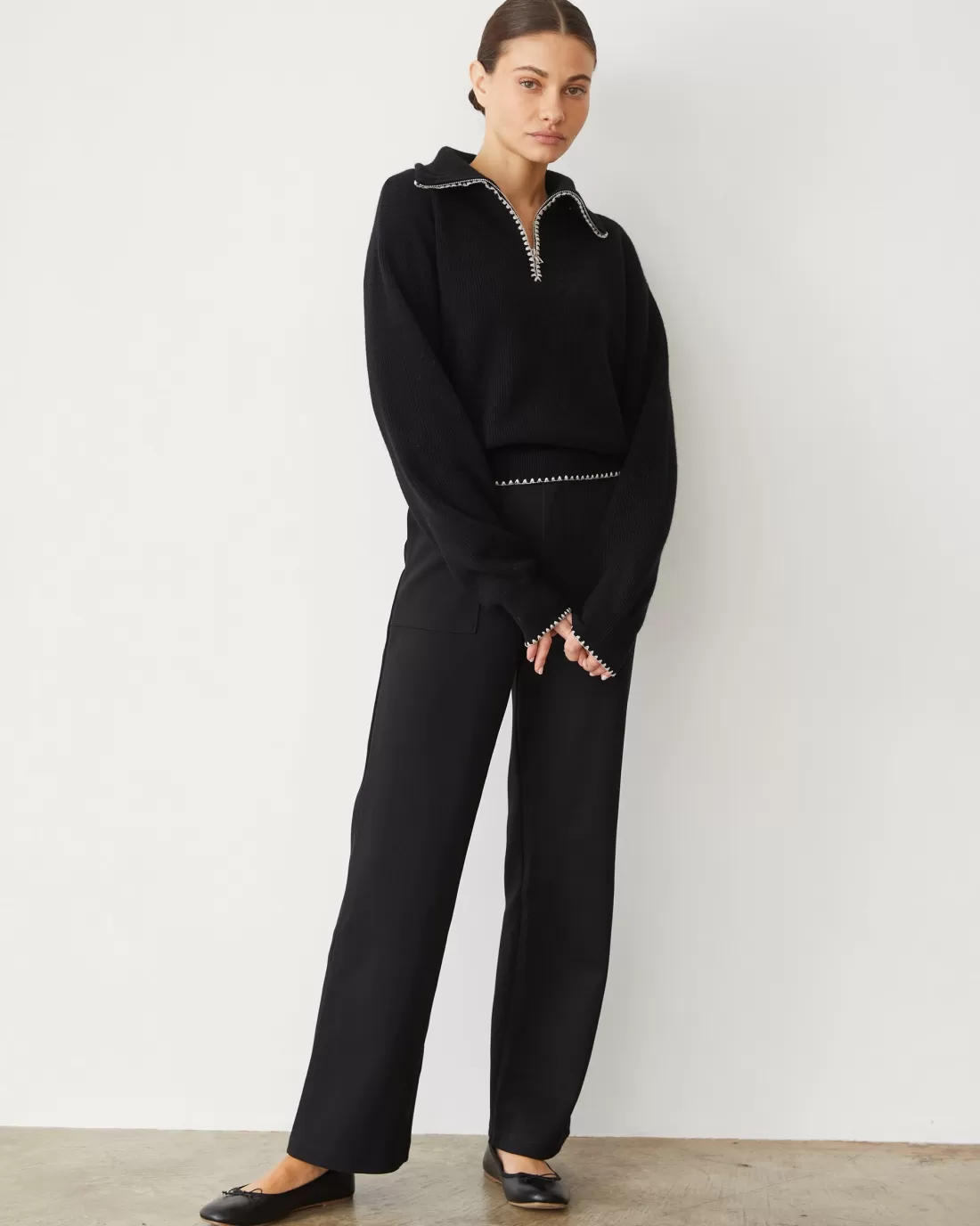 MONROW Pants*Cotton Knit Patch Pocket Pant BLACK