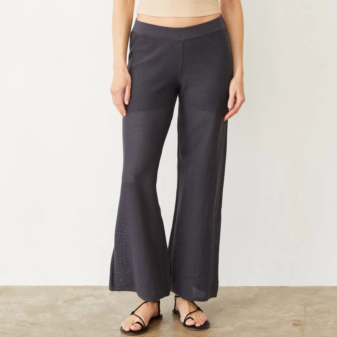 MONROW Pants*Cotton Mesh Wide Leg Pant FADEDBLACK