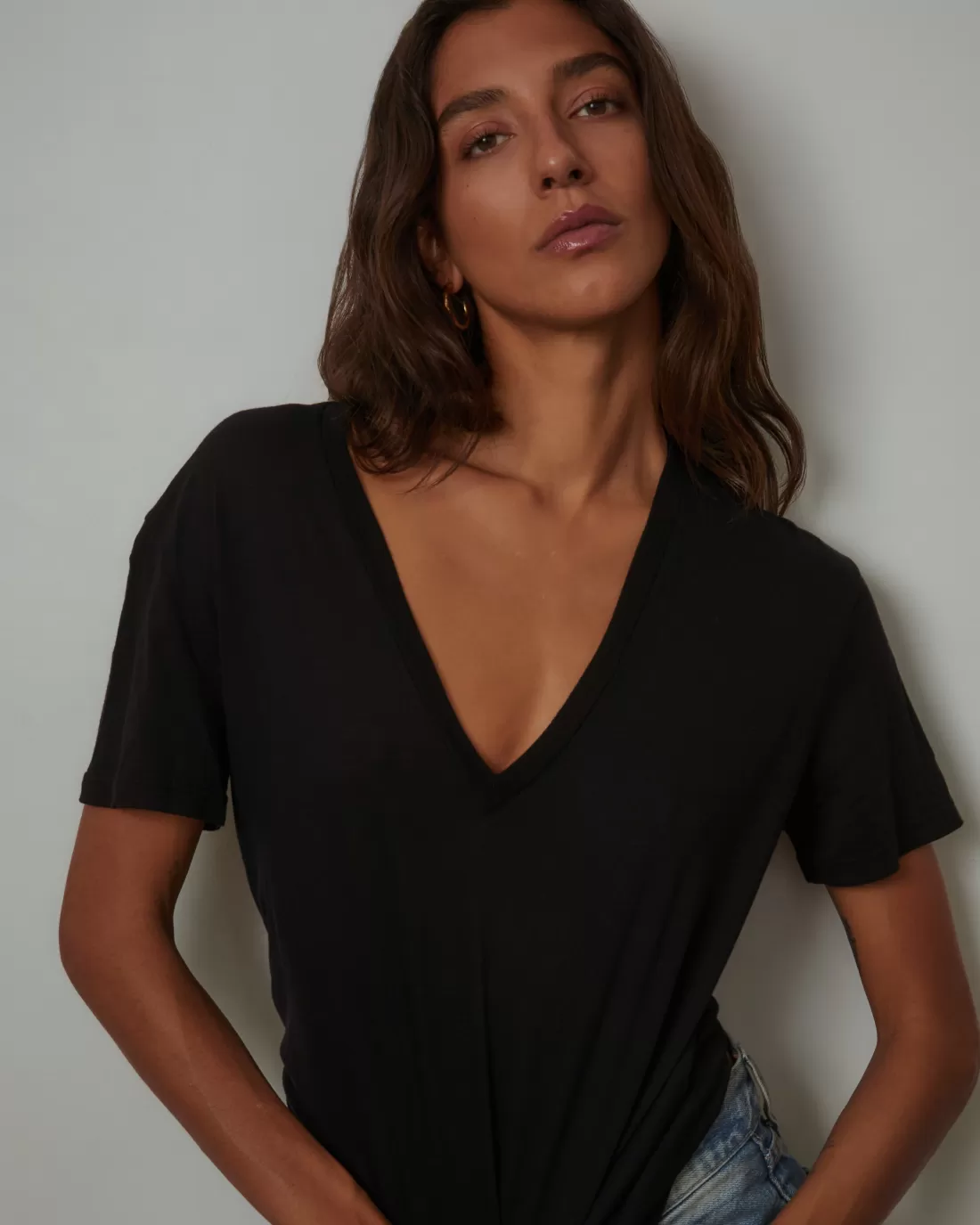 MONROW Tees*Cotton Modal Relaxed V Neck Tee - Color BLACK
