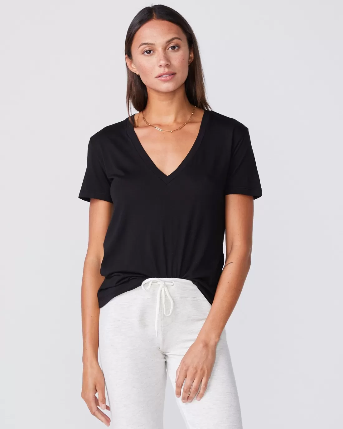 MONROW Tees*Cotton Modal Relaxed V Neck Tee - Color BLACK