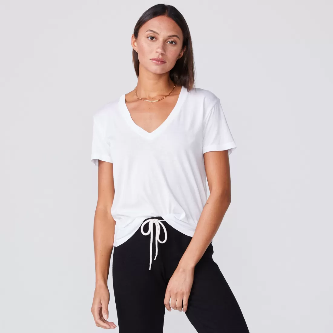 MONROW Tees*Cotton Modal Relaxed V Neck Tee - Color WHITE