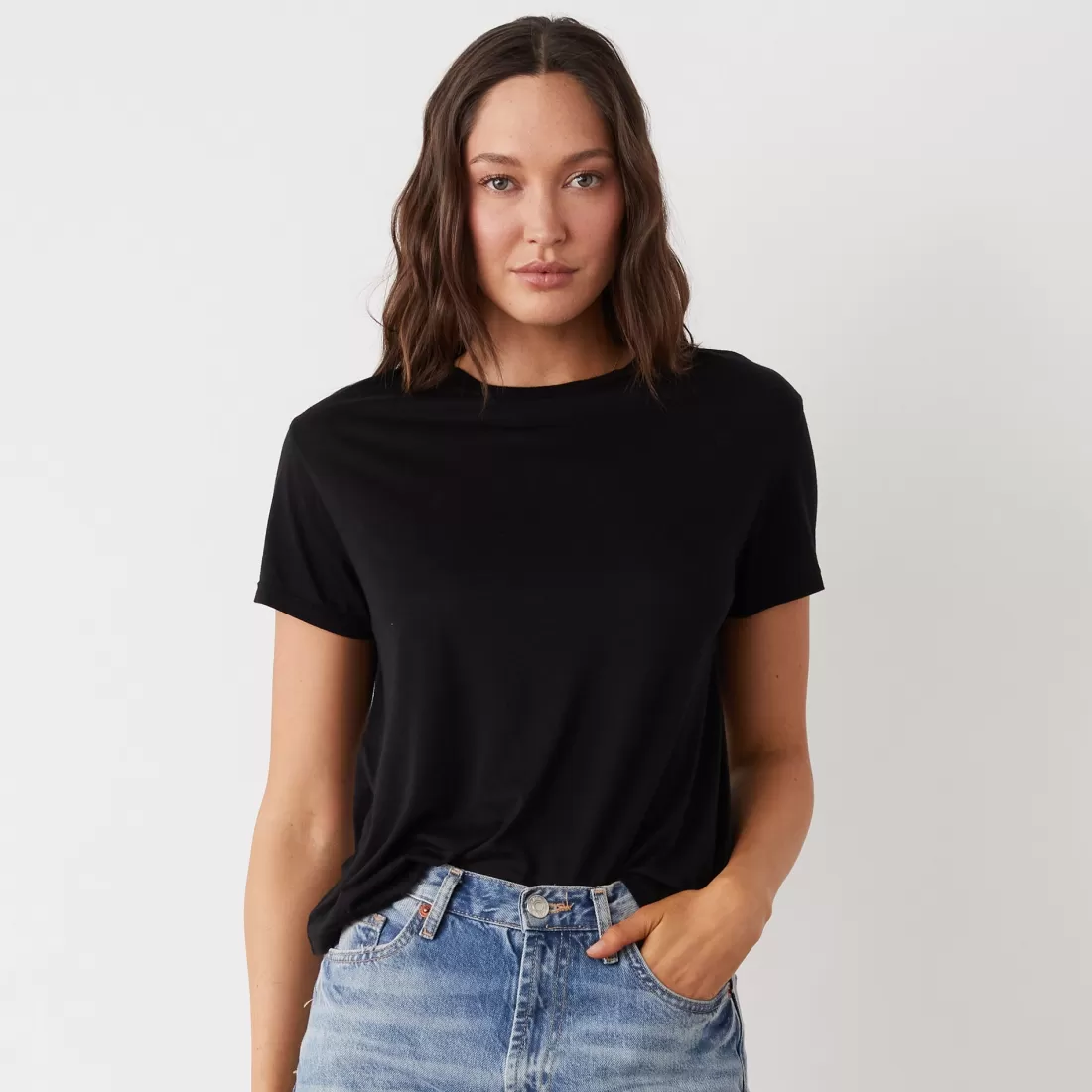 MONROW Tees*Cotton Modal Vintage Crew BLACK