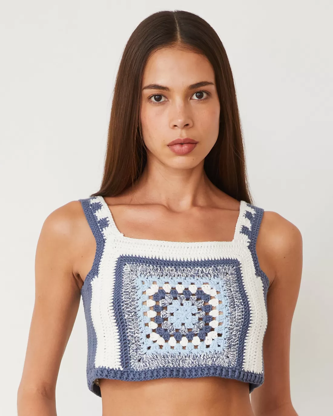 MONROW Tanks*Crochet Cropped Tank Top WASHEDBLUE