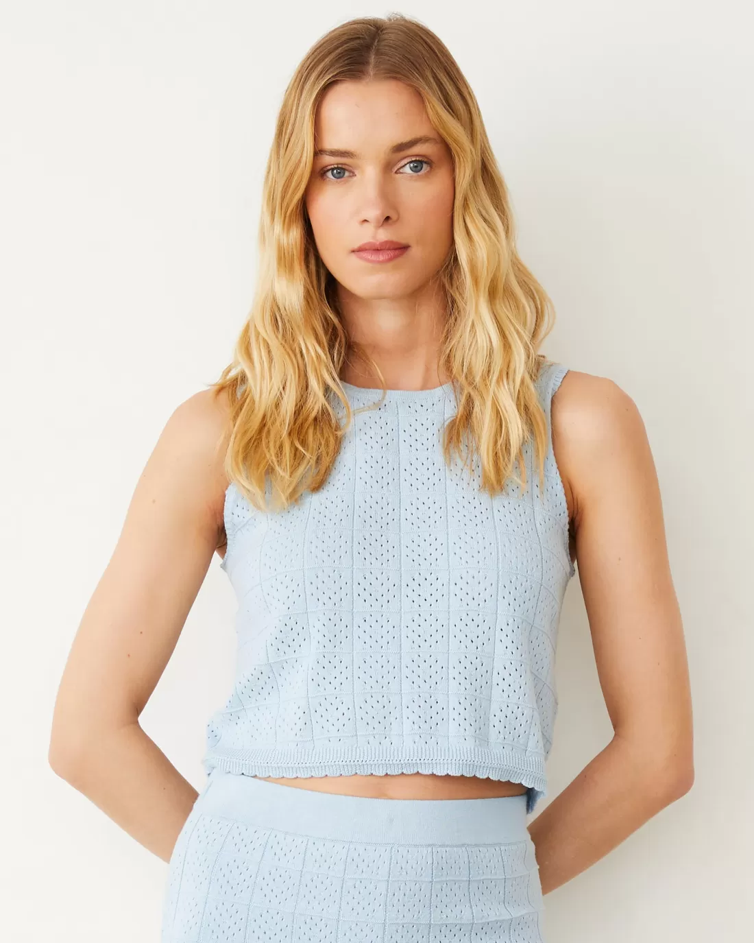 MONROW Tanks*Crochet Knit Tank SOFTBLUE