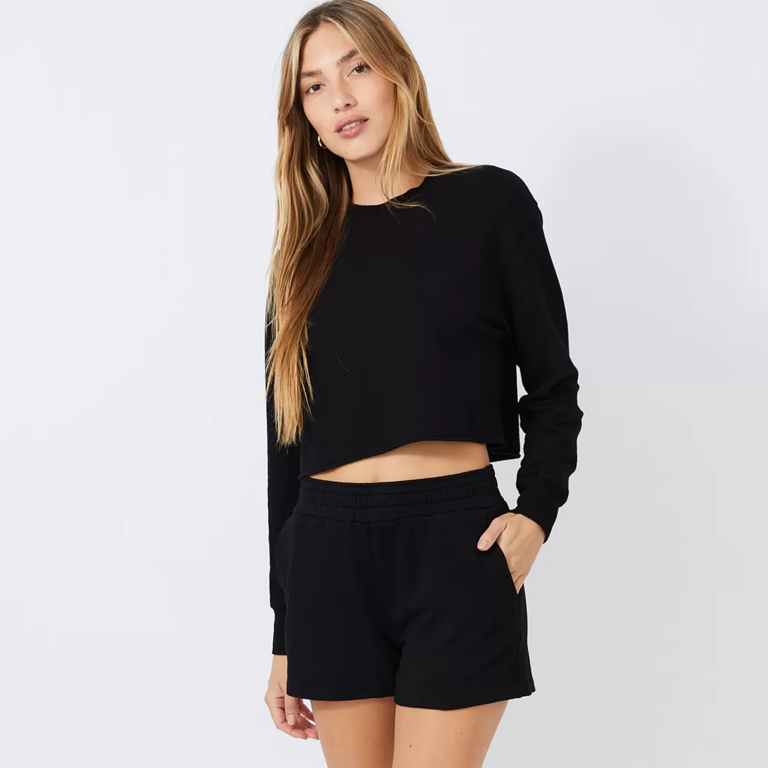 MONROW Sweatshirts*Cropped Boyfriend Sweatshirt BLACK