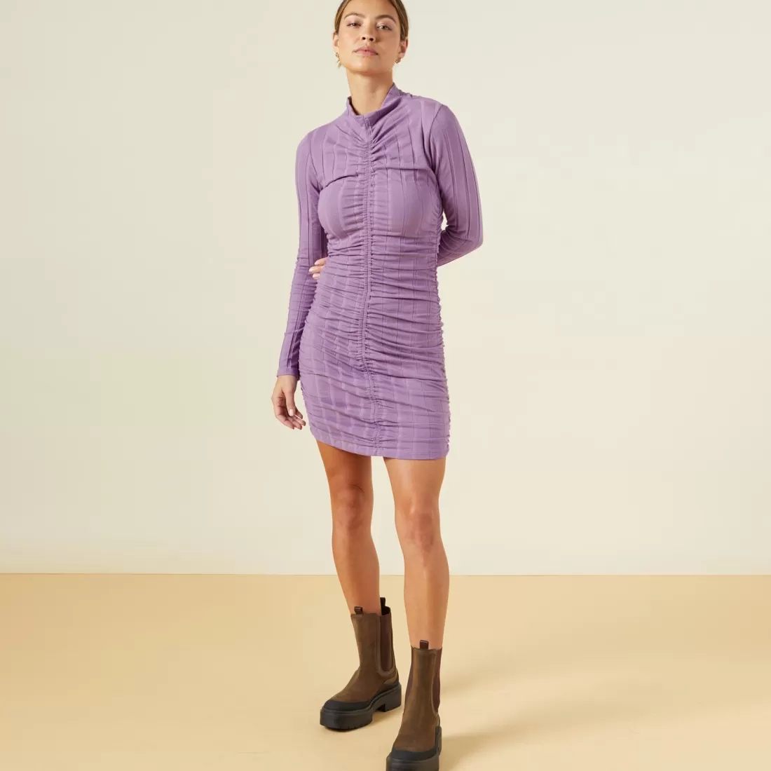 MONROW Dresses*Flat Rib Mock Shirred Dress ASTERPURPLE