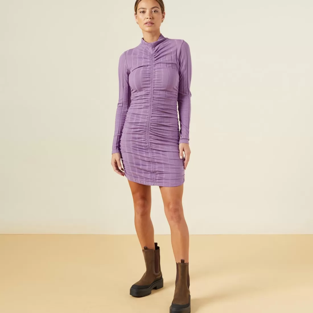 MONROW Dresses*Flat Rib Mock Shirred Dress ASTERPURPLE