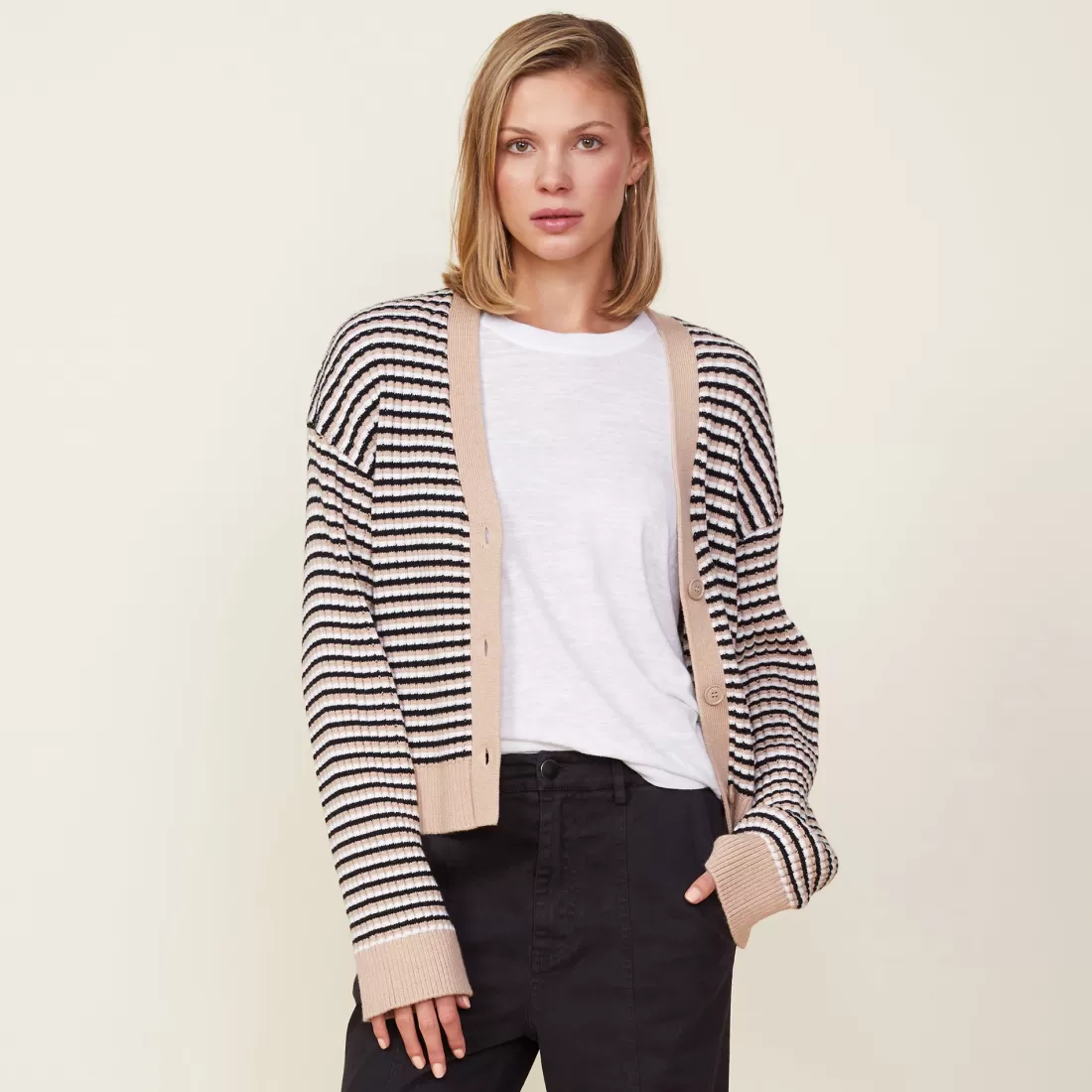 MONROW Sweaters*Merino Wool Cardigan DUSKWINTER/WHITEBLACKSTRIPES