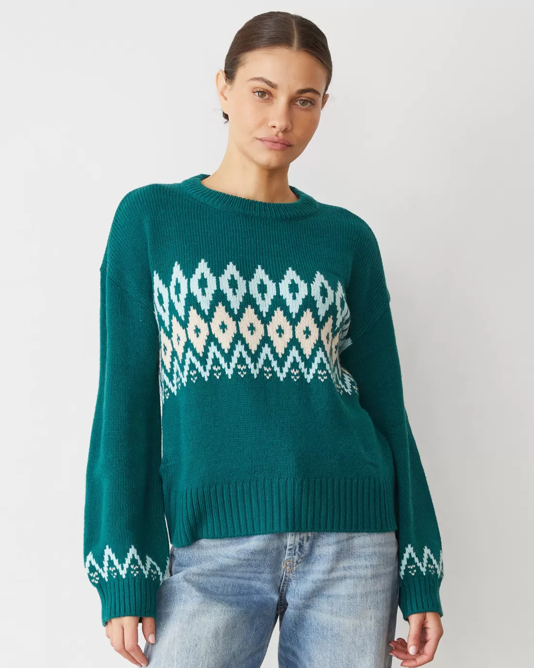 MONROW Sweaters*Merino Wool Fair Isle Crew Neck FOREST