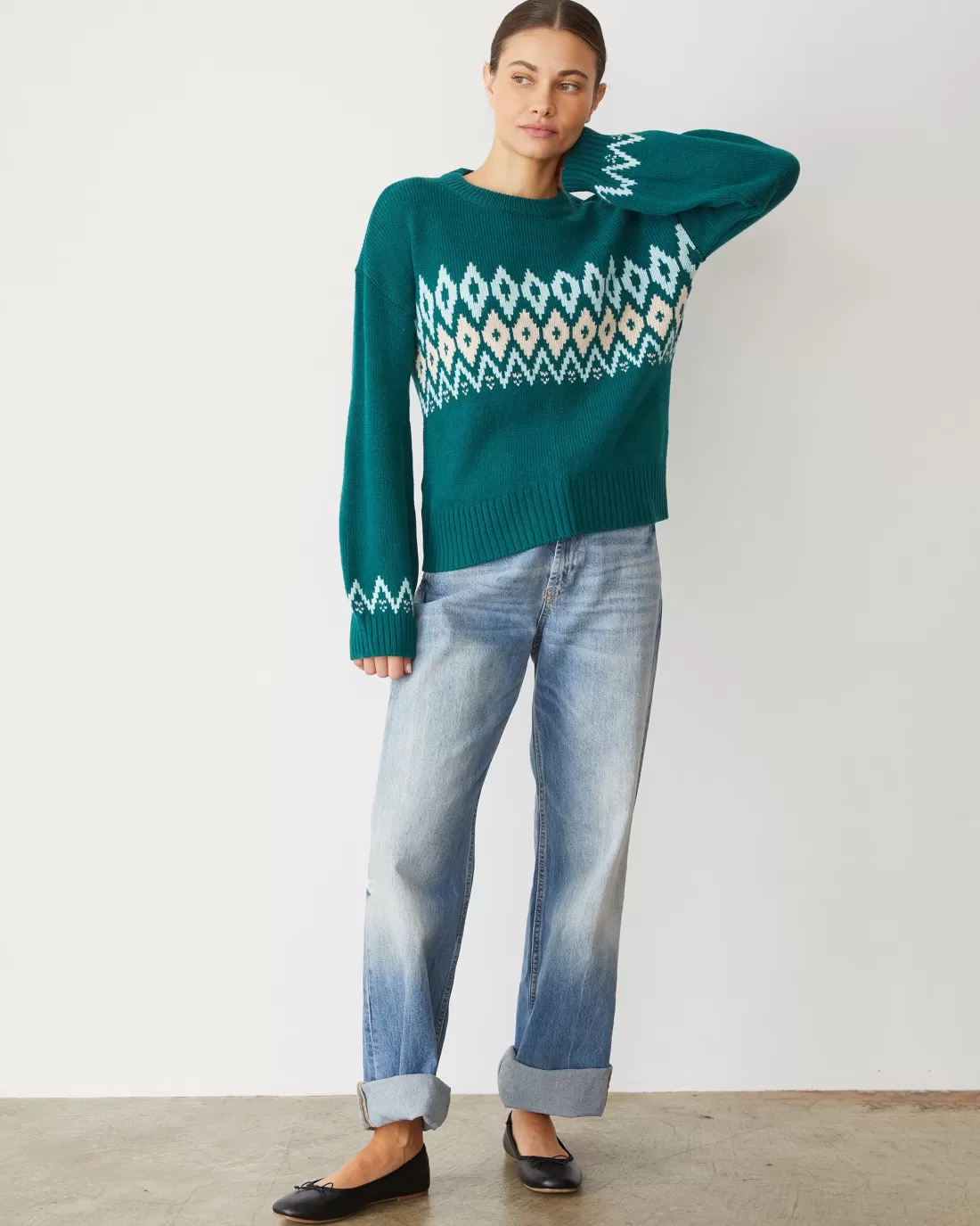 MONROW Sweaters*Merino Wool Fair Isle Crew Neck FOREST