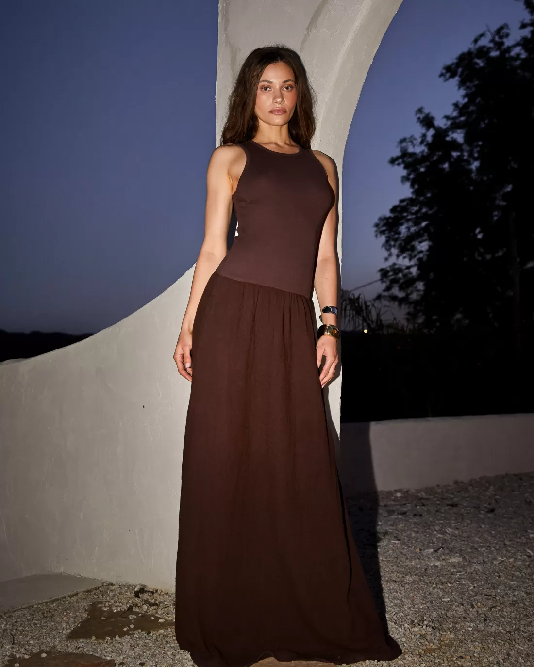 MONROW Dresses*Mix Media Tank Maxi Dress MAHOGANY