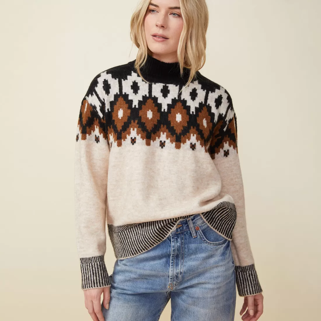 MONROW Sweaters*Mock Neck Fair Isle Sweater OFFWHITE