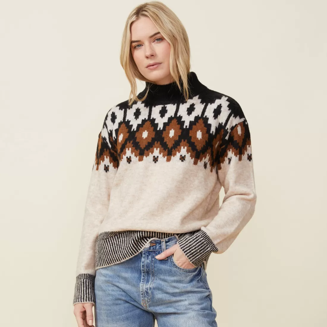 MONROW Sweaters*Mock Neck Fair Isle Sweater OFFWHITE