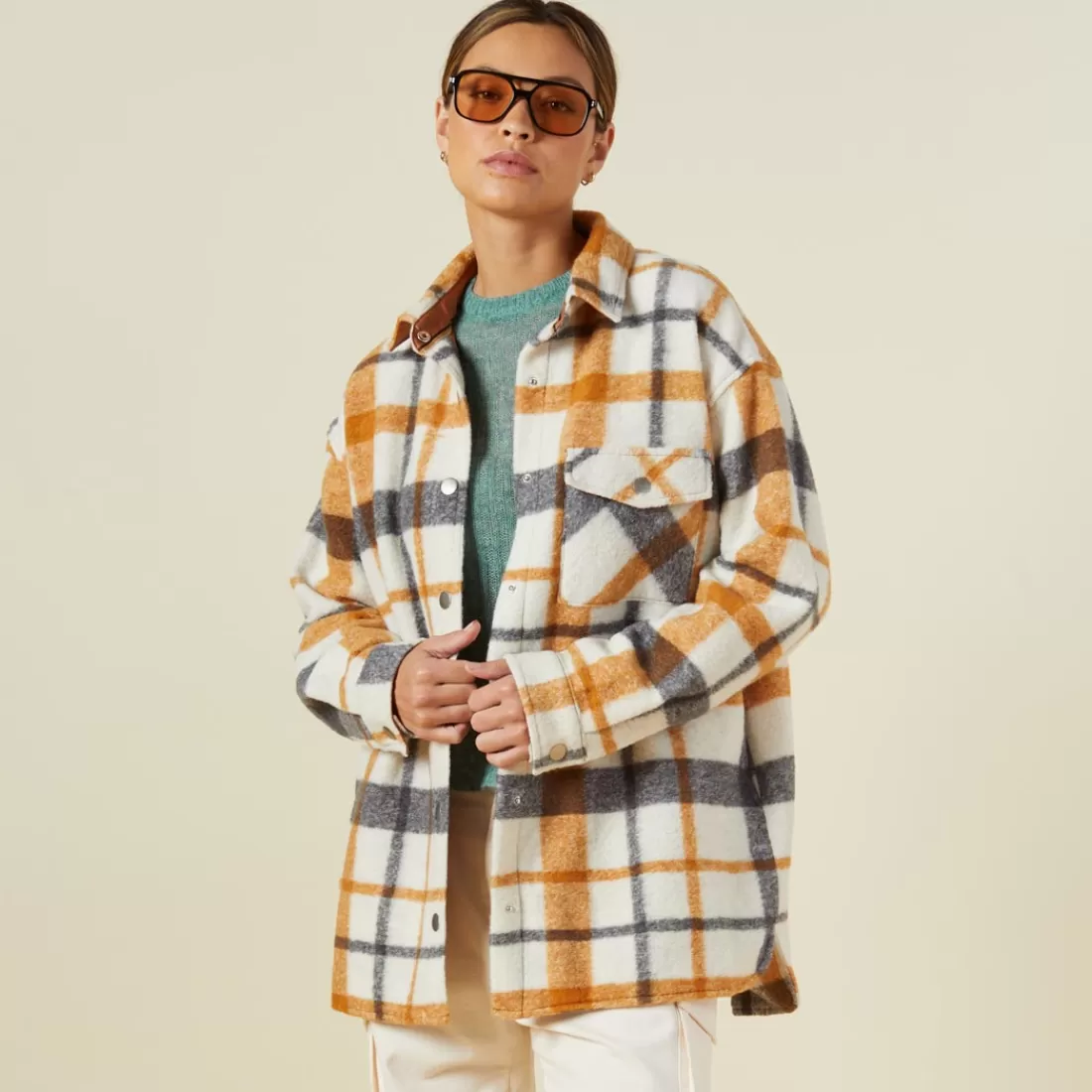 MONROW Jackets*Plaid Shacket BLACK/NAT/CAMEL