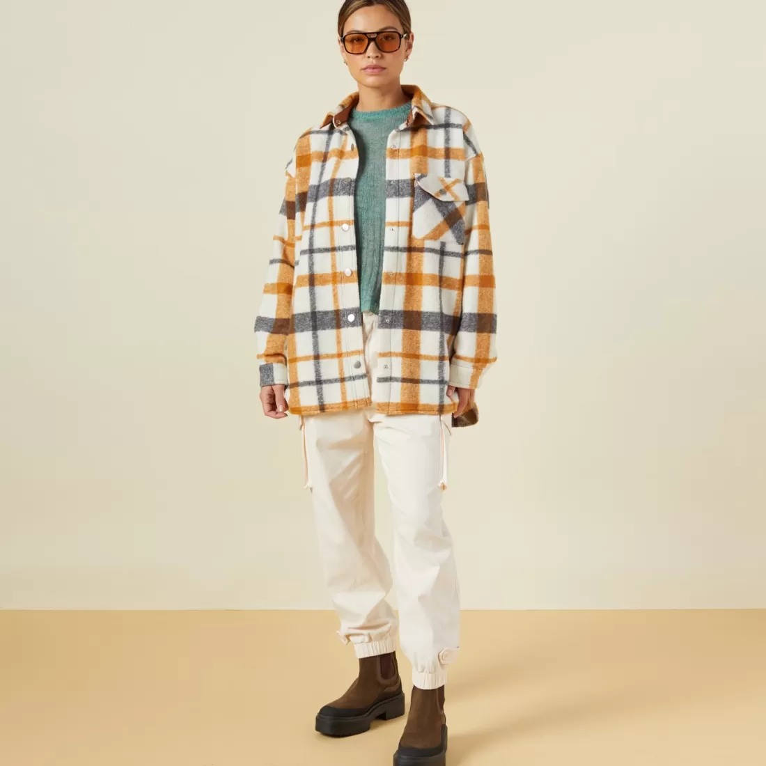 MONROW Jackets*Plaid Shacket BLACK/NAT/CAMEL