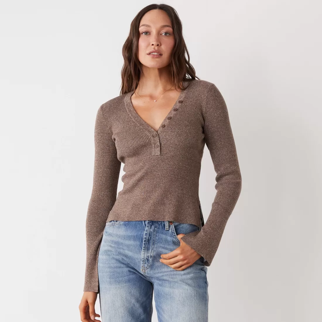 MONROW Sweaters | Long Sleeve*Rib Henley Sweater COCOA