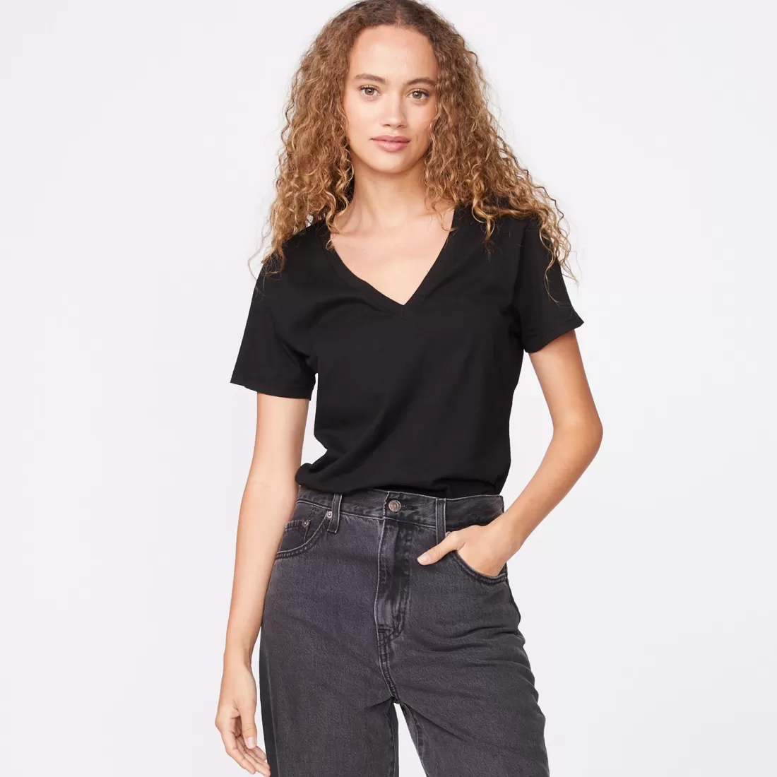 MONROW Tees*90's V Neck BLACK