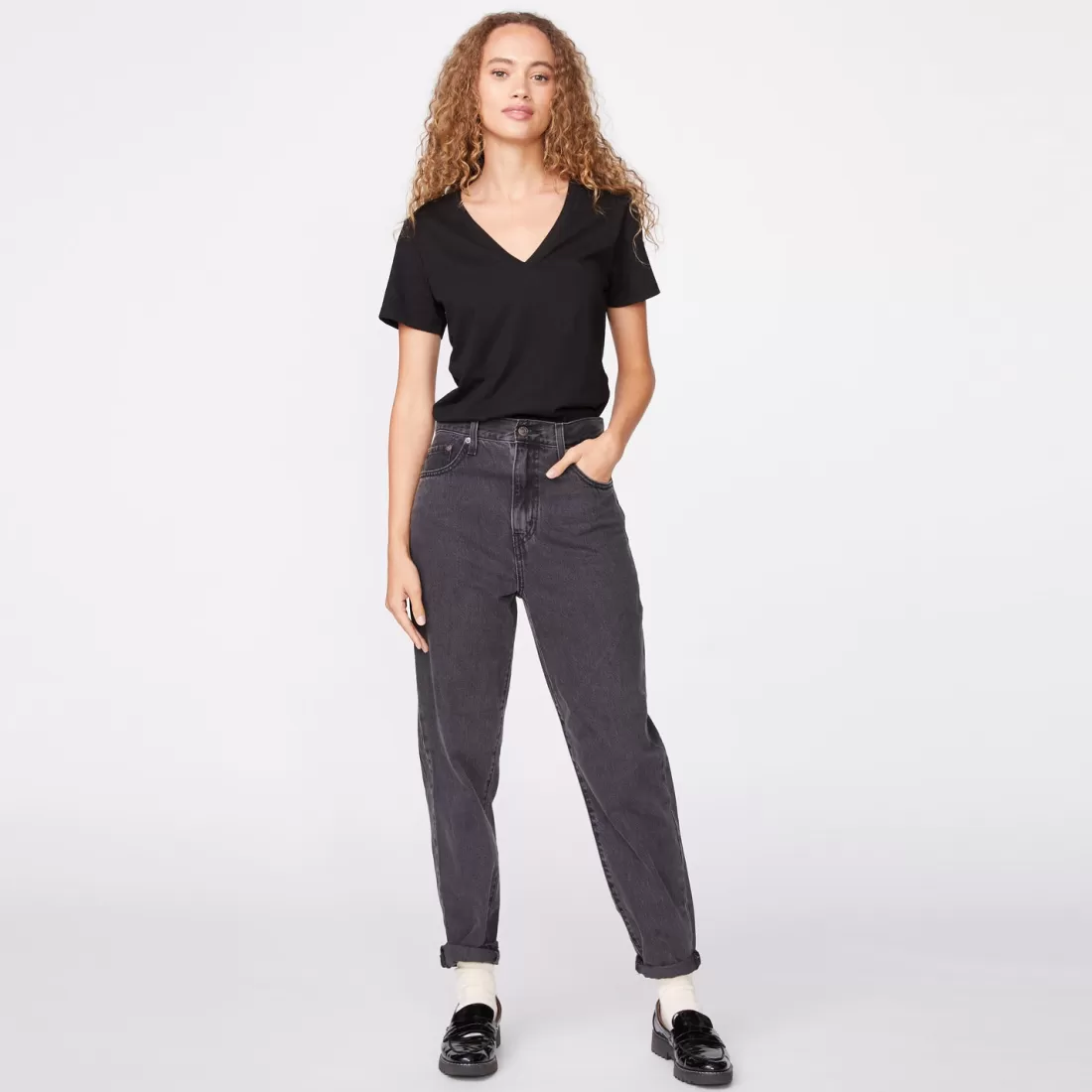 MONROW Tees*90's V Neck BLACK