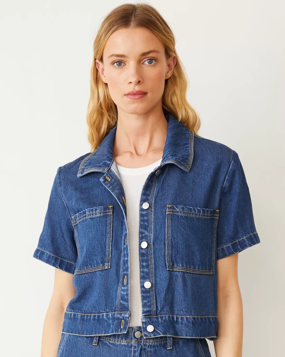 MONROW Jackets*Soft Denim Short Sleeve Shirt MEDIUMWASH