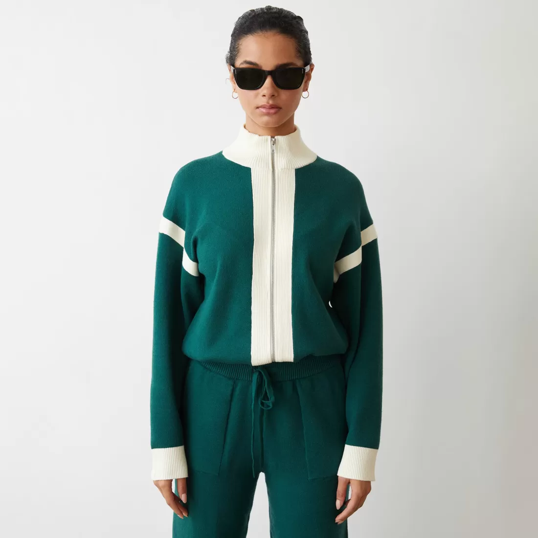 MONROW Soft Knit*Soft Knit Color Block Jacket EVERGREEN