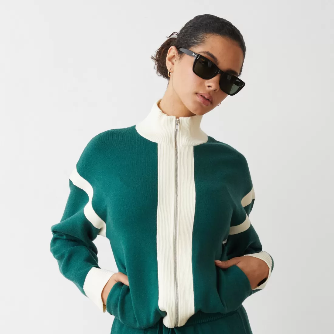 MONROW Soft Knit*Soft Knit Color Block Jacket EVERGREEN