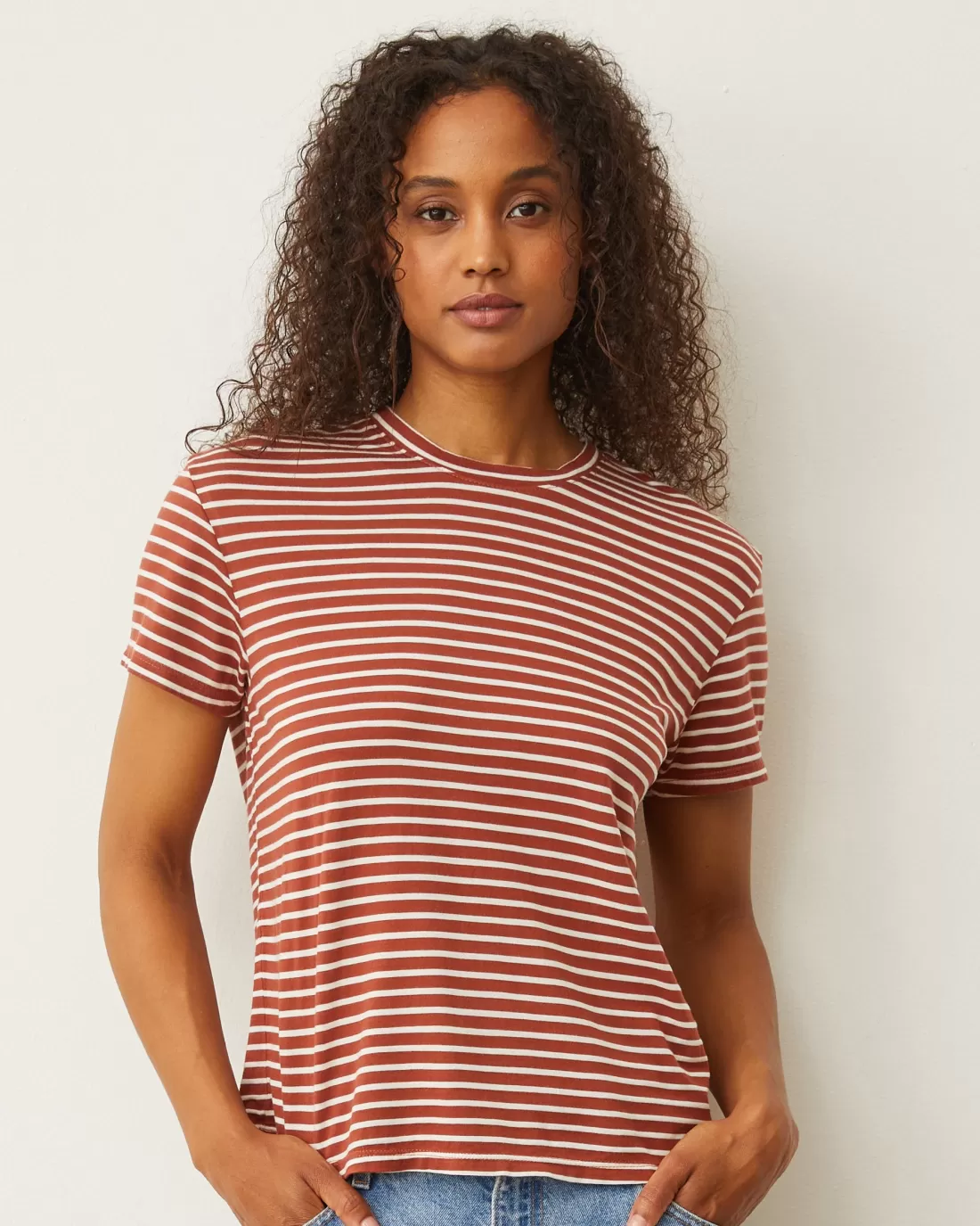 MONROW Tees*Stripe Basic Crew Neck Tee RUSTSTRIPE