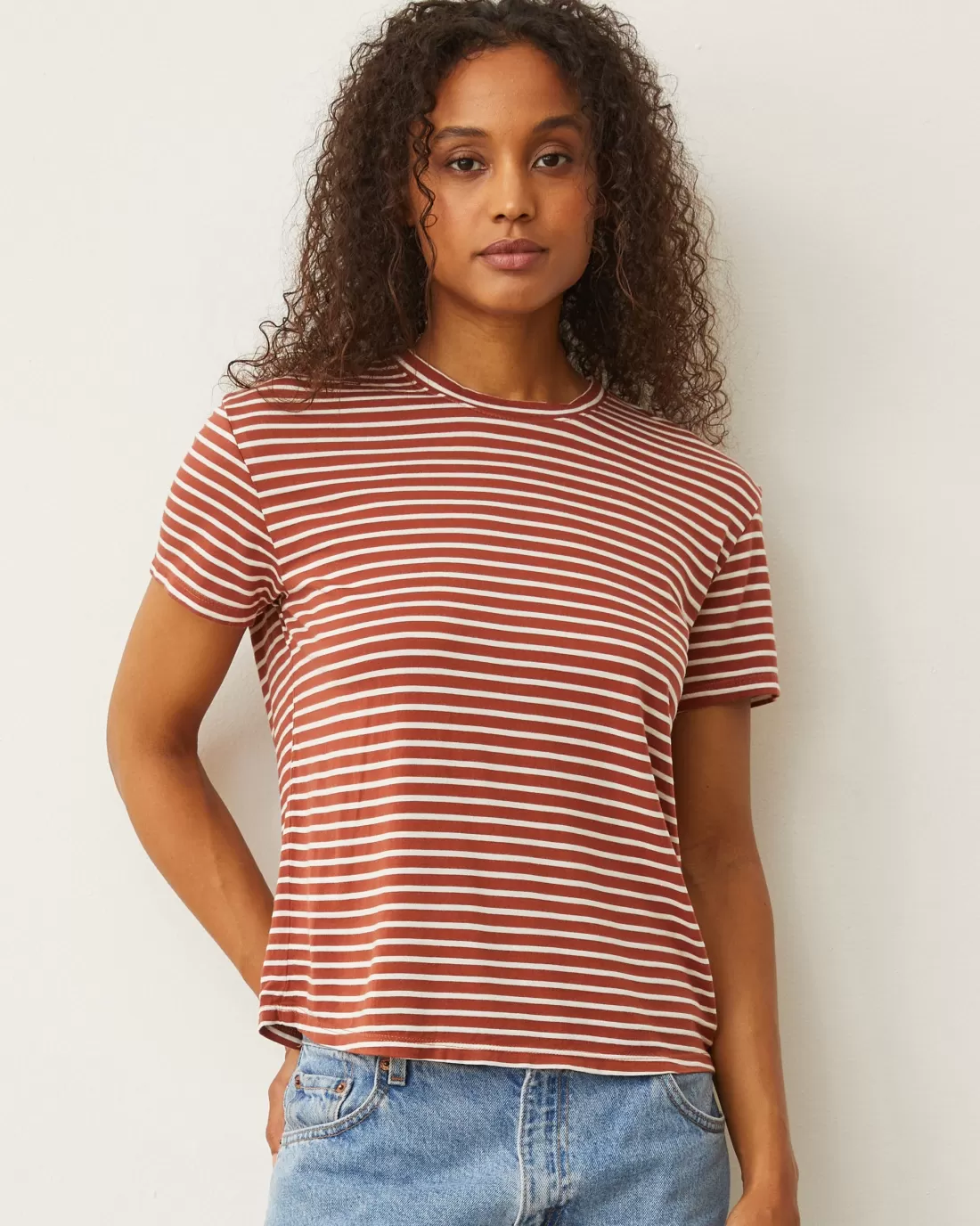 MONROW Tees*Stripe Basic Crew Neck Tee RUSTSTRIPE