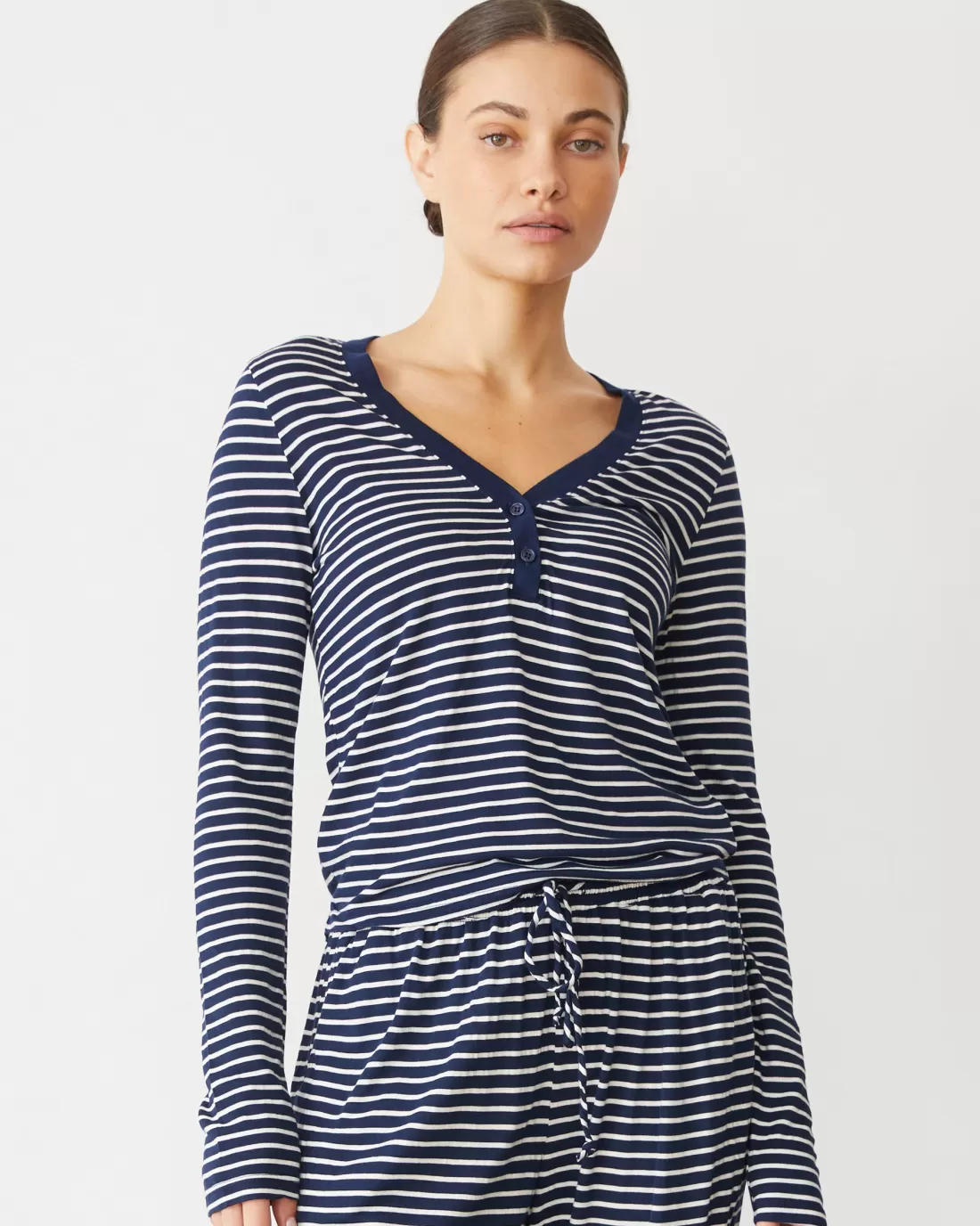 MONROW Sets | Long Sleeve*Stripe Henley NAVYSTRIPE