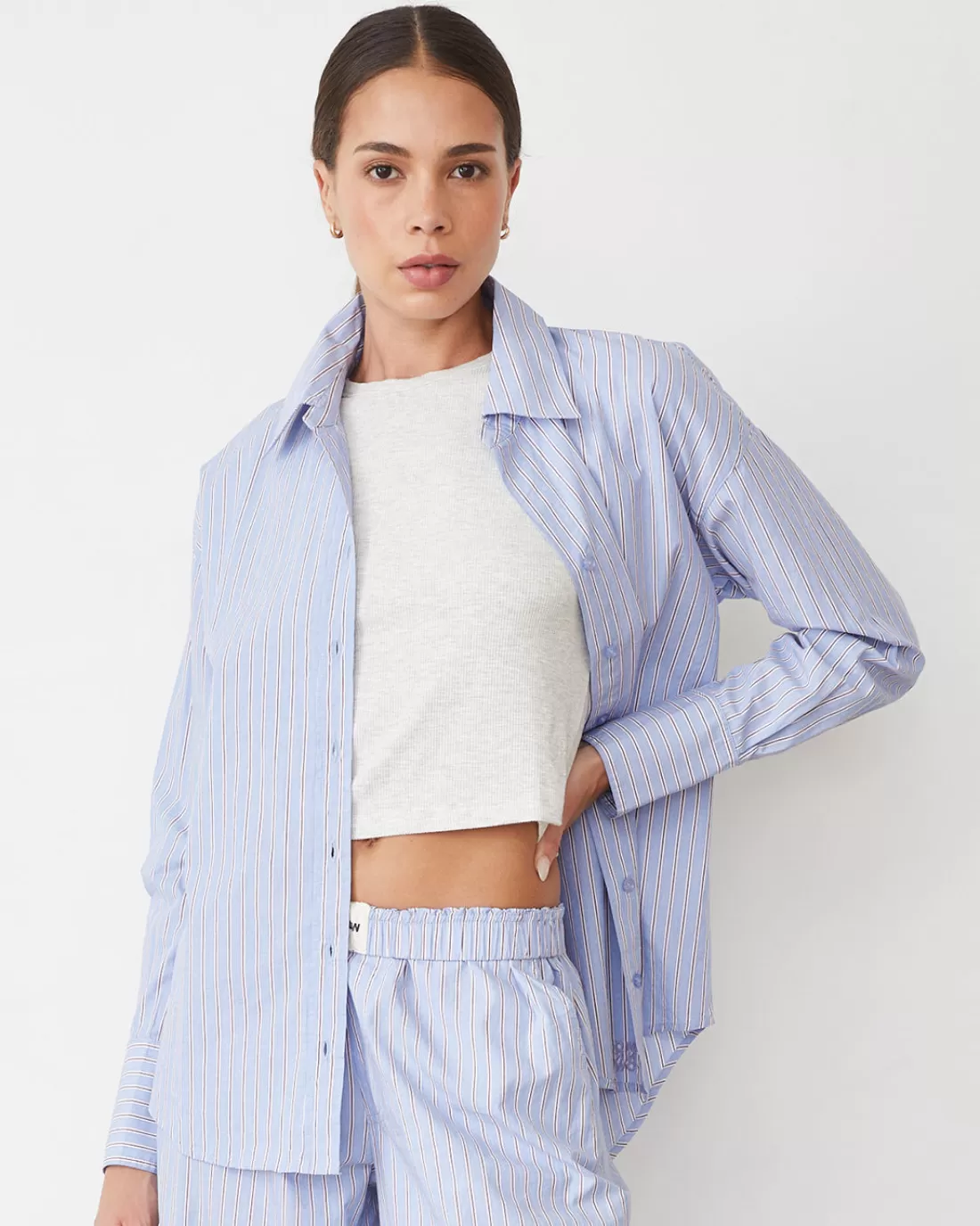 MONROW Poplin | Sets*Stripe Poplin Oversized Shirt BLUEMAROONSTRIPE