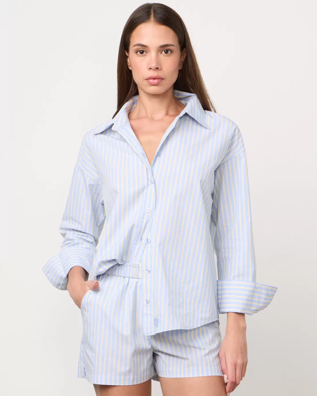 MONROW Poplin | Long Sleeve*Stripe Poplin Oversized Shirt BLUE/YELLOWSTRIPES