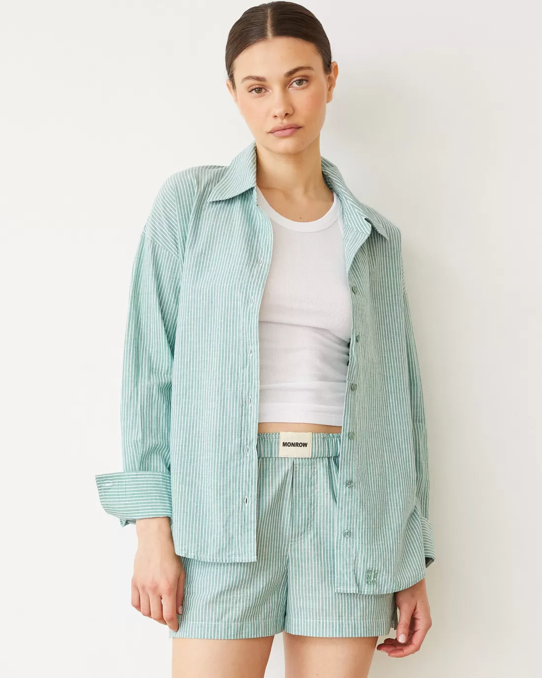 MONROW Poplin | Long Sleeve*Stripe Poplin Oversized Shirt CACTUS