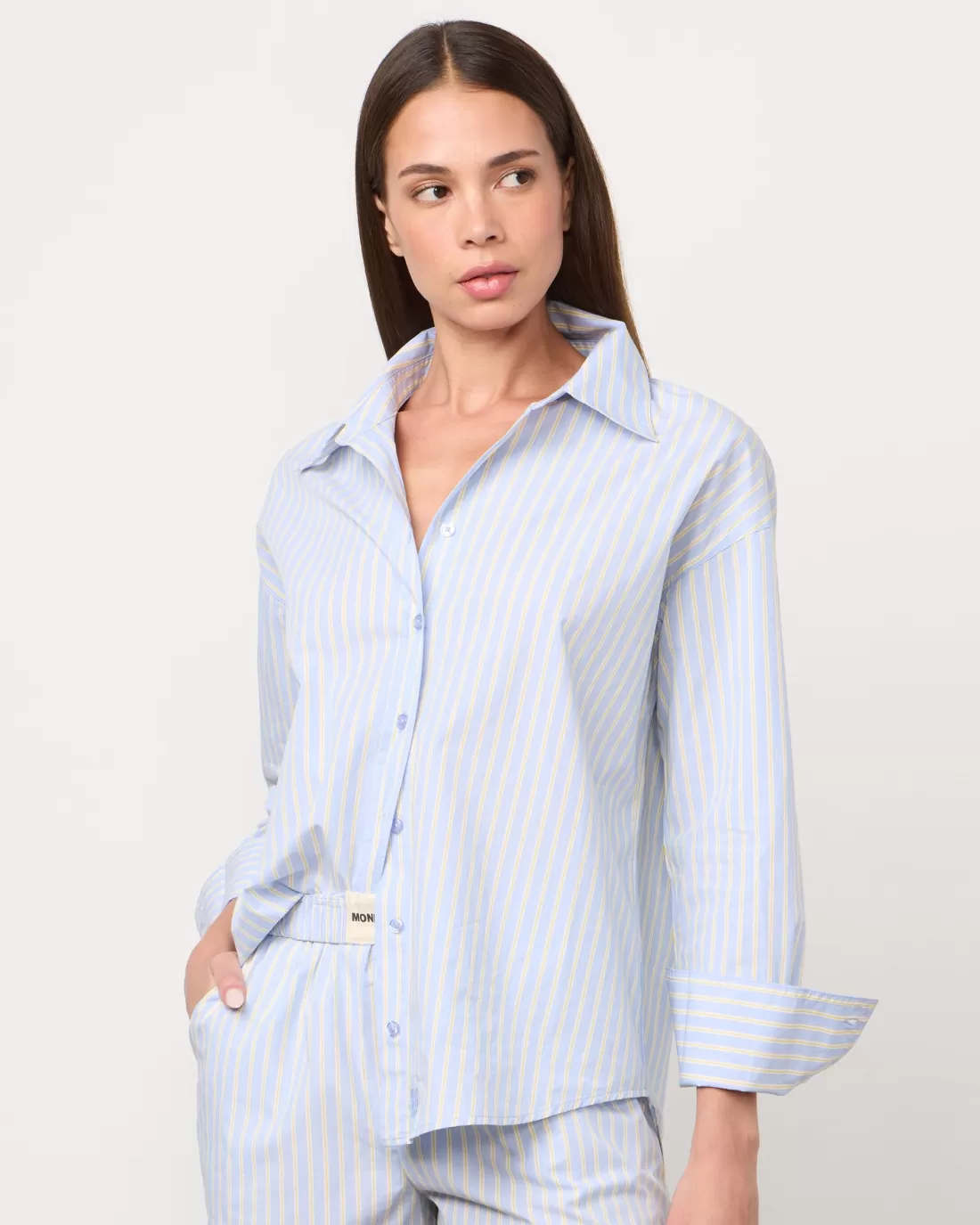 MONROW Poplin | Long Sleeve*Stripe Poplin Oversized Shirt BLUE/YELLOWSTRIPES