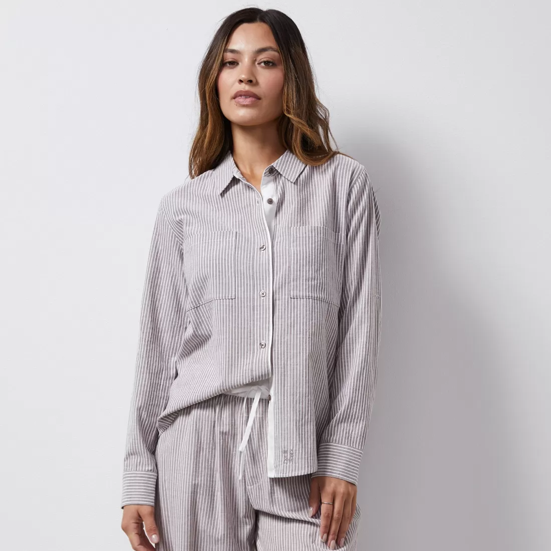 MONROW Poplin | Long Sleeve*Stripe Poplin Relaxed Shirt PECANSTRIPE