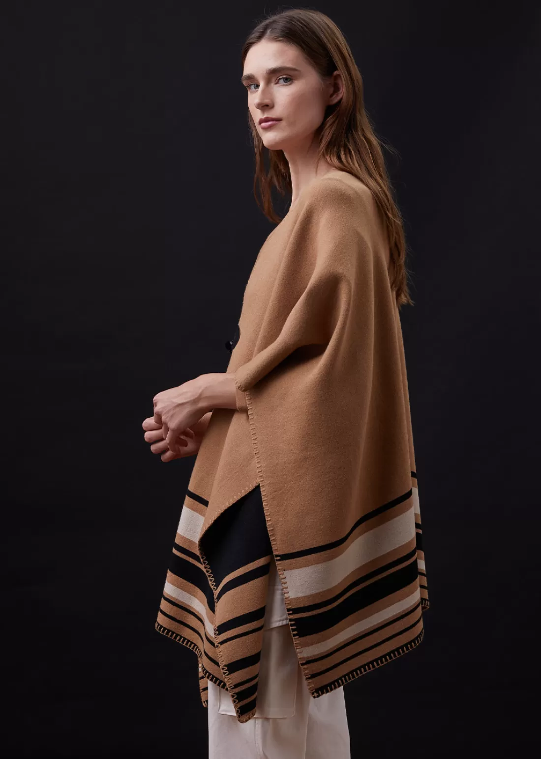 MONROW Sweaters*Supersoft Sweater Knit Reversible Stripe Poncho GOLDENBROWN