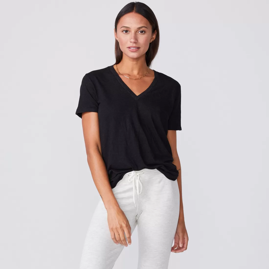 MONROW Tees*Textured Tri Blend Relaxed V Neck Tee - Color BLACK