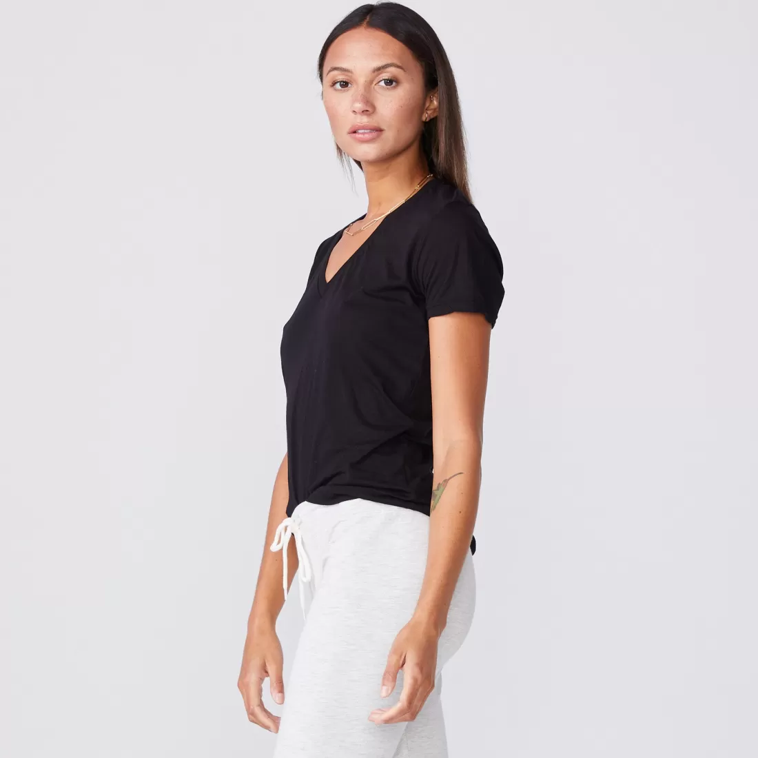MONROW Tees*Tissue V Neck Tee - Color BLACK