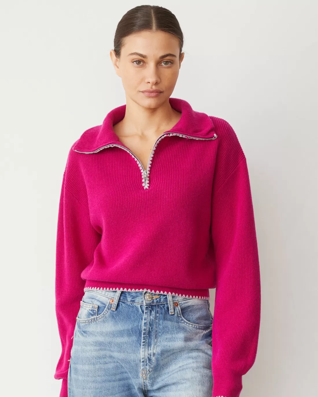 MONROW Sweaters*Wool Cashmere Half Zip Sweater FUCHSIA