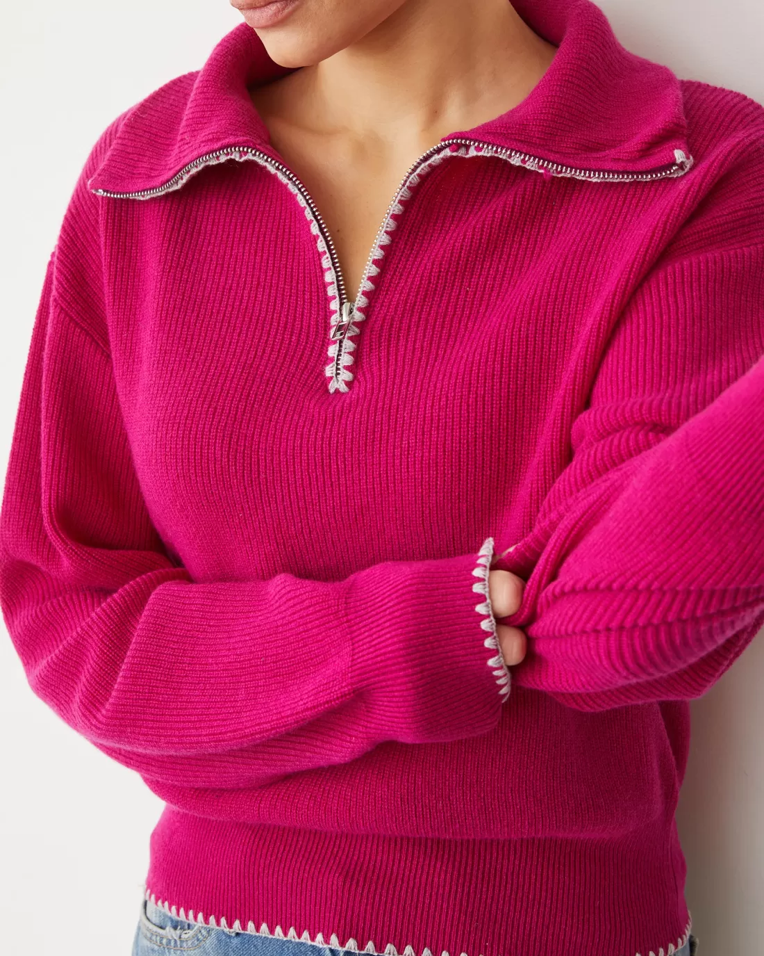 MONROW Sweaters*Wool Cashmere Half Zip Sweater FUCHSIA