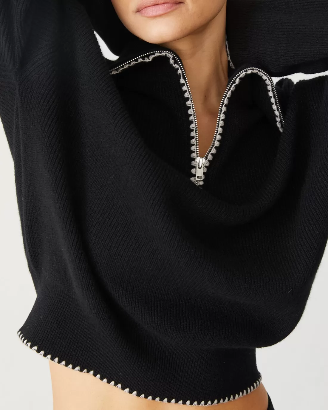 MONROW Sweaters*Wool Cashmere Half Zip Sweater BLACK